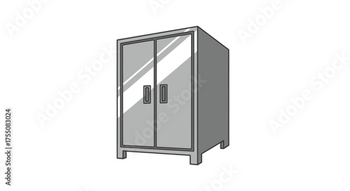 Simple gray two-door storage cabinet illustration with handles.