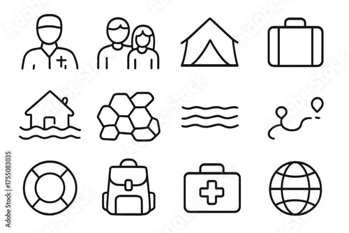 Humanitarian Aid Icons. Humanitarian aid. Line icon set of Humanitarian aid: aid worker, displaced family, tent shelter, suitcase, flooded house, dry cracked