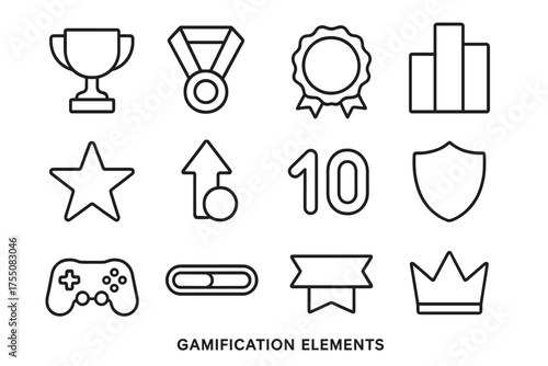 Gamification Icons Set. Gamification elements. Line icon set of Gamification elements: trophy, medal, badge, leaderboard, star, level-up arrow, points, shield,