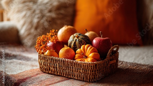   A basket of fruit sits atop the bed beside a heap of pumpkins and gourds