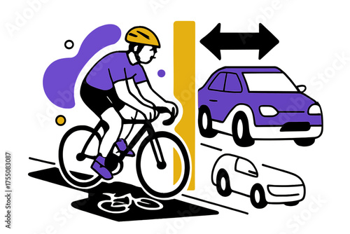 Cyclist in Safe Lane. Cyclist Passing Cars. Bike lane separated from traffic, cyclist moving safely, floating arrows and abstract car shapes showing safe