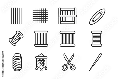 Weaving Icon Set. Weaving process. Line icon set of Weaving process: warp threads, weft threads, loom frame, shuttle, bobbin, heddle, reed, weaving comb,