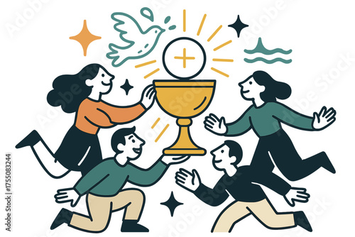 Radiant Chalice of Grace. Sacramental life. Glowing chalice and host radiating light with water droplets forming a dove above. Floating icons of sparkle, wave,