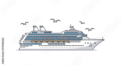 Detailed Illustrated White Passenger Cruise Ship with Seagulls.