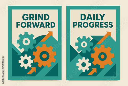 Grind Forward Banners. Determination. Two vertical A6 banners with safe margins, centered composition, no elements touching edges, geometric style, turquoise