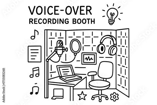 Voice-over Recording Icons. Voice-over recording booth. Hand-drawn doodle illustration recording booth microphone, headphones, pop filter, soundproof wall,