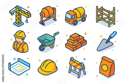 Colorful Construction Icons. Construction site. Colorful isometric vector icons set of construction site: crane, concrete mixer, cement truck, scaffolding,