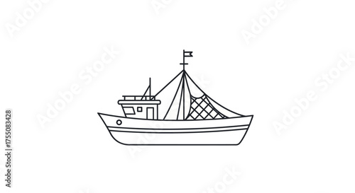 Hand-drawn outline illustration of a small fishing boat with nets and mast a simple marine vessel sketch.