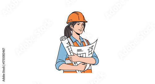 Female Construction Worker Holding Blueprints and Wearing Hard Hat.