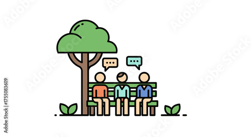 Three people sitting on a park bench under a tree engaged in conversation.