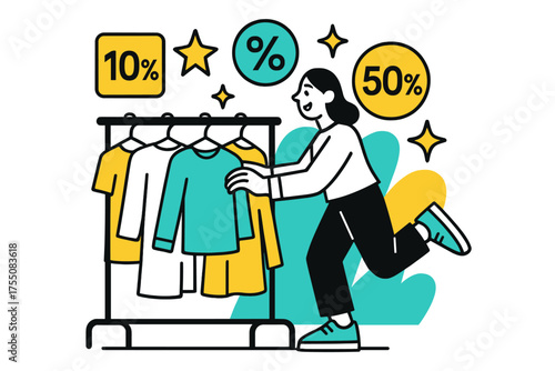 Vibrant Shopping Extravaganza. Weekend shopping spree. Person browsing a colorful rack of clothes, floating icons of discounts and stars emphasizing discovery