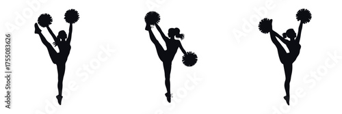 Silhouette of Female Cheerleader Performing High Kick Dance – Woman with Pom Poms, Cheerleading Routine, Flexibility, Energy, Team Spirit and Performance Vector Illustration