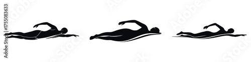Silhouette of Female Swimmer Performing Freestyle Stroke – Woman Athlete Swimming in Water, Sports Training, Endurance, Speed and Fitness Vector Illustration