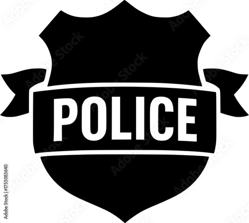 Black Police Shield with Ribbon: Classic Law Enforcement Badge Vector Symbol for Security, Patrol, and Authority Design