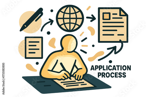 Dynamic Application Process. Application process. Glowing person filling forms on desk with globe icon hovering above. Floating icons of pen, document, and