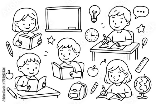 School Study Doodle. School children reading books and studying. Hand-drawn doodle illustration children studying book, notebook, pencil, backpack, desk,
