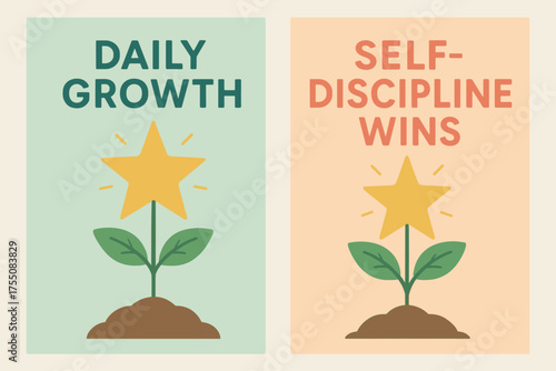 Growing Success Banners. Growth. Two vertical A6 banners with safe margins, centered composition, no elements touching edges, pastel style, mint and peach,