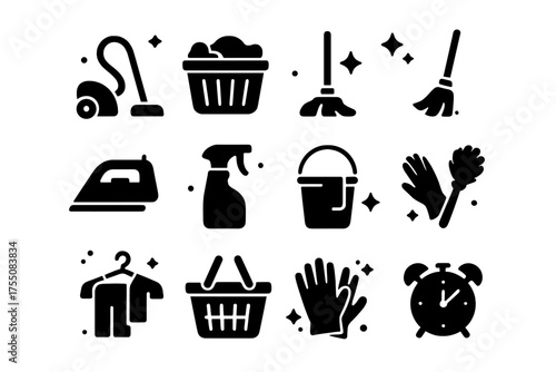 Household Chore Icons. Household Tasks. Solid icons set of Household Tasks: Vacuum, Laundry Basket, Mop, Broom, Iron, Cleaning Spray, Bucket, Duster, Clothes,