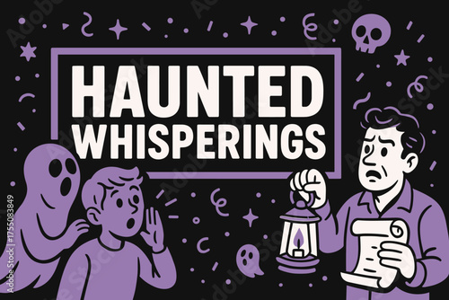 HauntedWhisperings Vector Scene. HauntedWhisperings banner, flat vector illustration, bold oversized text inside rectangular frame, cartoon