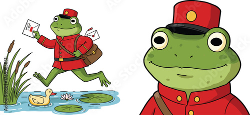 Adorable cartoon frog mailman delivering letters by pond, cute amphibian postman artwork, cheerful nature animal illustration design