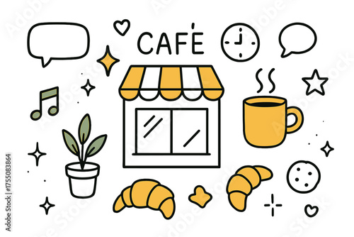 Coffeehouse Doodle Delight. Coffeehouse Vibes. Hand-drawn doodle illustration cafe window (colored), steaming mug (colored), croissant, plant (colored), chat