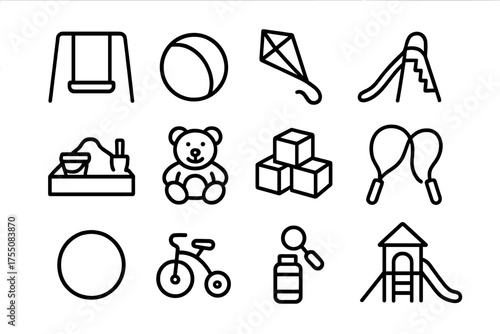 Family Play Icons. Family play. Line icon set of Family play: swing, ball, kite, slide, sandbox, teddy bear, toy blocks, jump rope, hula hoop, tricycle, bubble