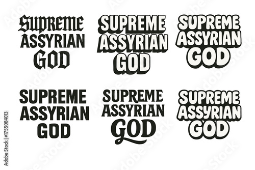 Assyrian God Lettering. Supreme Assyrian God. Set lettering. harmonious lettering variations of the same emblematic concept (Gothic-inspired decorative type,