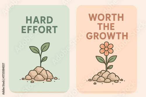Floral Growth Banners. Growth. Two vertical A6 banners with safe margins, centered composition, no elements touching edges, pastel style, mint and peach, plant