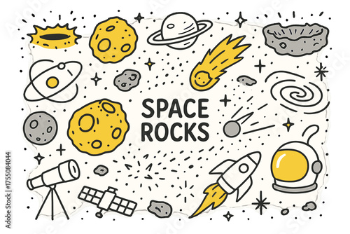 Cosmic Doodle Icons. Space Rocks. Hand-drawn doodle illustration Asteroid, meteorite, crater, orbit line, cosmic dust, stars, planet, comet, telescope, moon,