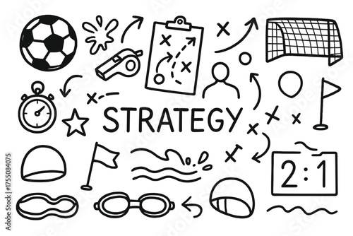 Doodle Strategy Elements. Strategy. Hand-drawn doodle illustration strategy ball, whistle, clipboard, tactic arrows, player silhouette, goal net, stopwatch,