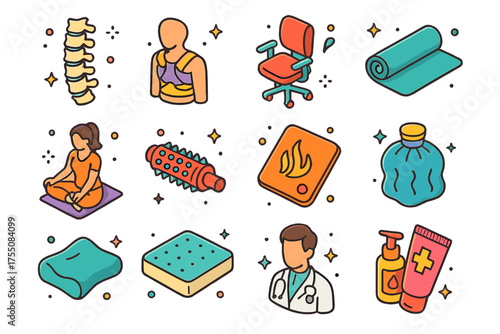 Colorful Spinal Care Icons. Spinal Care. Colorful isometric vector icons set of spinal care: spine illustration, posture brace, ergonomic chair, yoga mat,