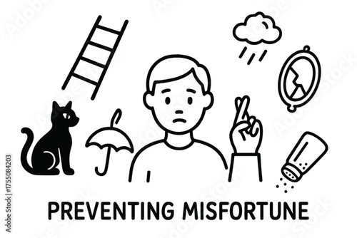 Superstitious Symbols Illustration. Preventing Misfortune. Hand-drawn doodle illustration Preventing Misfortune person crossing fingers avoiding black cat