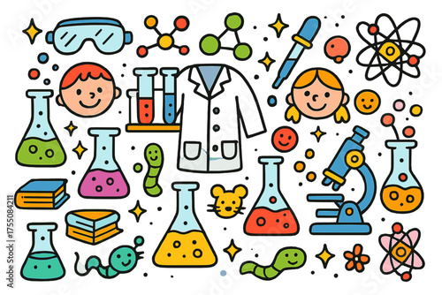 Colorful Chemistry Doodles. Chemical Lab. Colorful Hand-drawn doodle Children illustration beakers, flasks, test tubes, Bunsen burner, pipette, safety goggles,