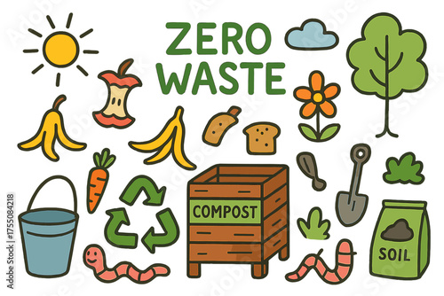 Zero Waste Doodles. Zero Waste. Colorful Hand-drawn doodle Children illustration compost bin, apple core, banana peel, bread crust, carrot, recycling arrows,