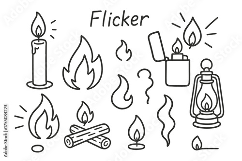 Candlelight Doodle Icons. Flicker. Hand-drawn doodle illustration Flicker candle flame match spark lighter lantern firewood glow smoke night shadow wick.