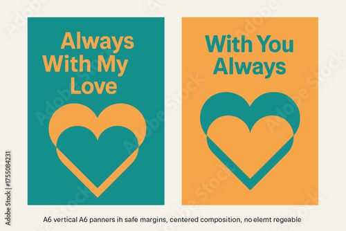 Geometric Heart Banners. Affection. Two vertical A6 banners with safe margins, centered composition, no elements touching edges, geometric style, turquoise and