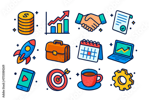 Venture Capital Icons. Venture Capital. Colorful isometric vector icons set of venture capital: coin stack, graph, handshake, contract, rocket, briefcase,
