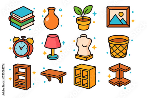 Colorful Shelf Icons. Shelf Decor. Colorful isometric vector icons set of shelf decor: stacked books, vase, plant pot, picture frame, clock, lamp, sculpture,
