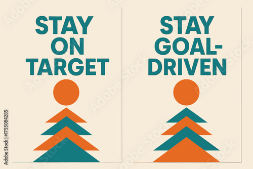 Geometric Goal Banners. Determination. Two vertical A6 banners with safe margins, centered composition, no elements touching edges, geometric style, turquoise