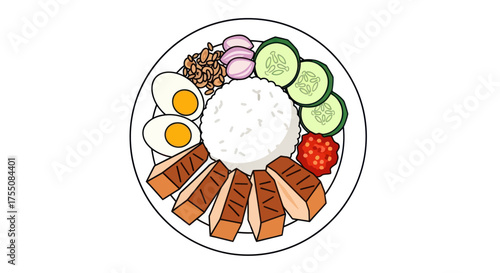 Khao Moo Daeng: Thai Red Pork Rice Dish with Egg and Vegetables.