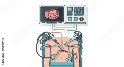 Laparoscopic Surgery Illustration: Minimally Invasive Procedure with Monitor and Instruments.