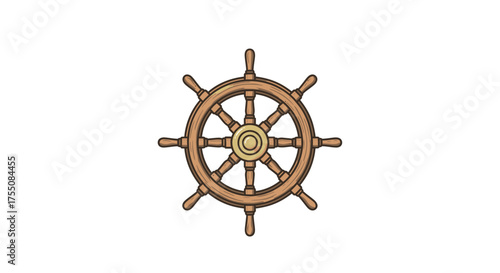 Vintage Wooden Ships Wheel with Eight Spokes and Central Hub.