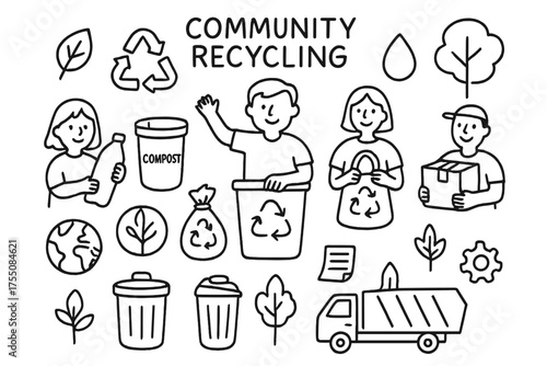 Community Recycling Doodles. Community recycling. Hand-drawn doodle illustration community recycling people group, recycle bin, compost bin, trash can, arrows