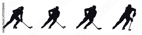 Silhouette of Female Ice Hockey Player with Stick – Woman Athlete Skating, Winter Team Sport, Competition, Strength, Speed, and Action Motion Vector Illustration