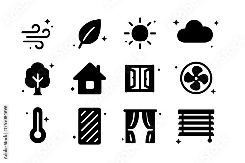 Air Quality Icons. Air quality. Solid icons set of Air quality: breeze lines, leaf, sun, cloud, tree, house, open window, fan, thermometer, air filter,