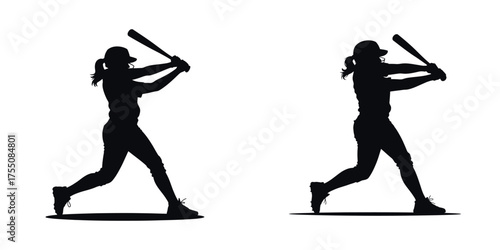 Silhouette of Female Baseball Player Swinging Bat – Woman Athlete Hitting Ball, Sports Action, Strength, Focus, Team Competition, Training and Motion Vector Illustration