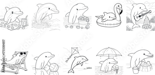 Baby Dolphins – Fun Marine Animal Coloring Vectors (Beach Fun Pack)