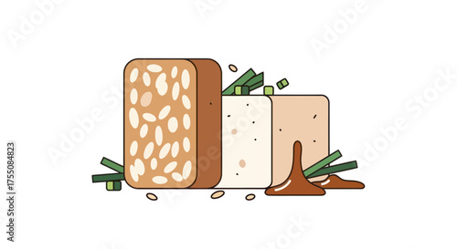 Three blocks of tempeh tofu and bean curd with green onions and sauce.