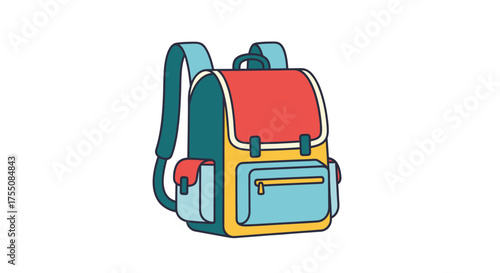 Colorful Cartoon School Backpack Illustration with Multiple Pockets.
