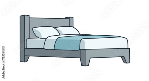 Modern Grey Bed with White Pillows and Blue Blanket.